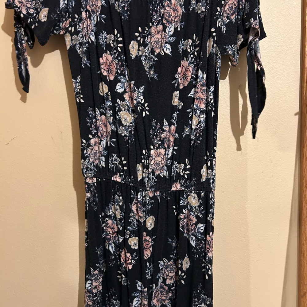 Floral Black Dress with Tie Sleeves